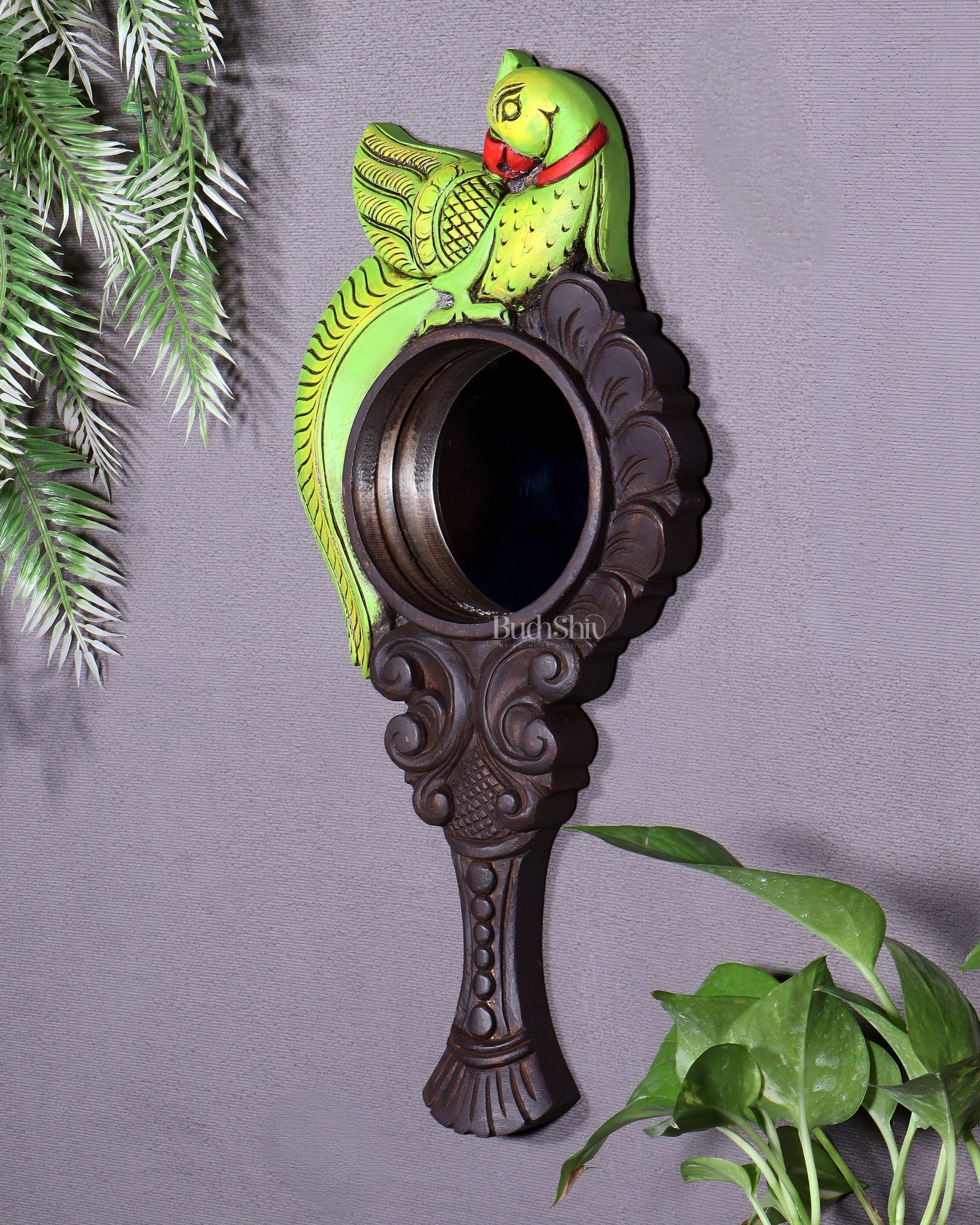 Wooden Parrot Design Hanging Mirror – Handcrafted Elegance - Budhshiv.com