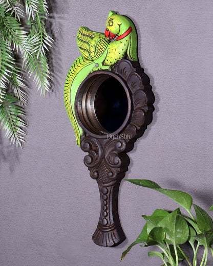 Wooden Parrot Design Hanging Mirror – Handcrafted Elegance - Budhshiv.com