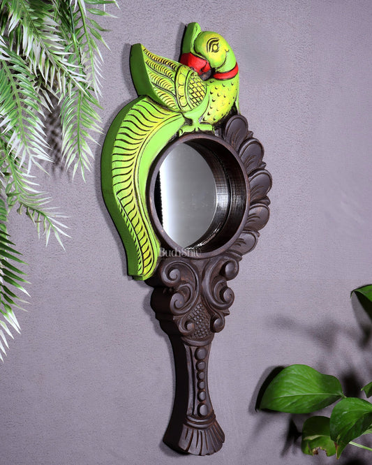 Wooden Parrot Design Hanging Mirror – Handcrafted Elegance - Budhshiv.com