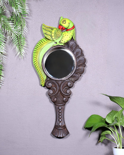 Wooden Parrot Design Hanging Mirror – Handcrafted Elegance - Budhshiv.com