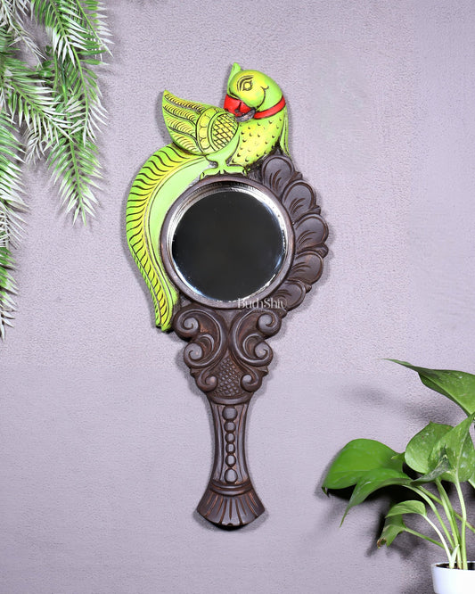 Wooden Parrot Design Hanging Mirror – Handcrafted Elegance - Budhshiv.com