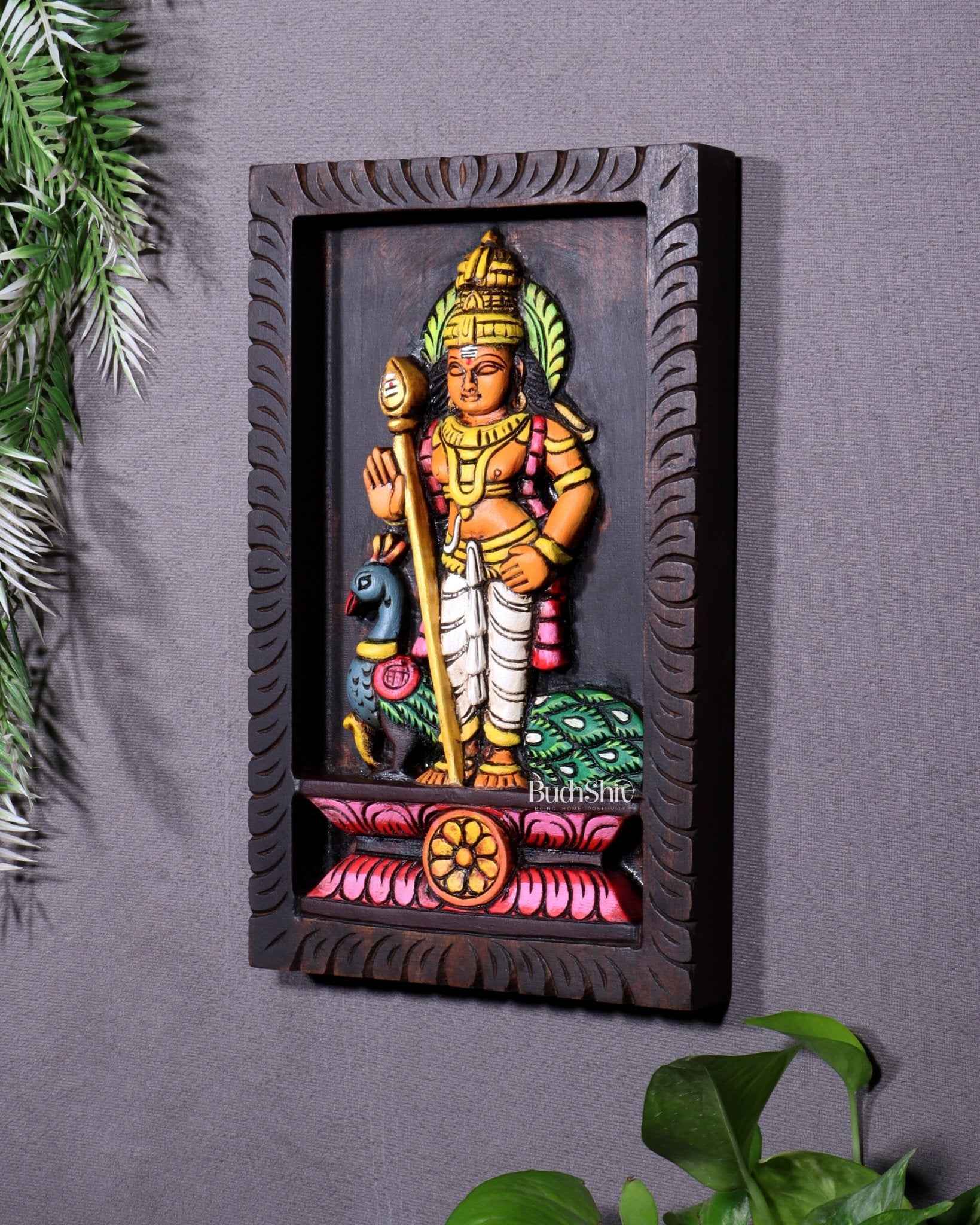 Wooden Standing Lord Murugan with Peacock Wall Hanging – Hand - Painted Panel 13 inch - Budhshiv.com