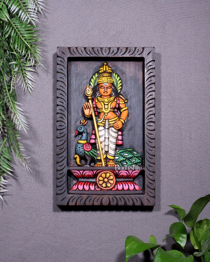 Wooden Standing Lord Murugan with Peacock Wall Hanging – Hand - Painted Panel 13 inch - Budhshiv.com