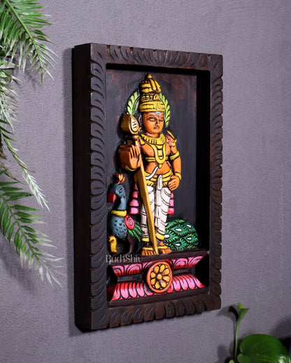 Wooden Standing Lord Murugan with Peacock Wall Hanging – Hand - Painted Panel 13 inch - Budhshiv.com