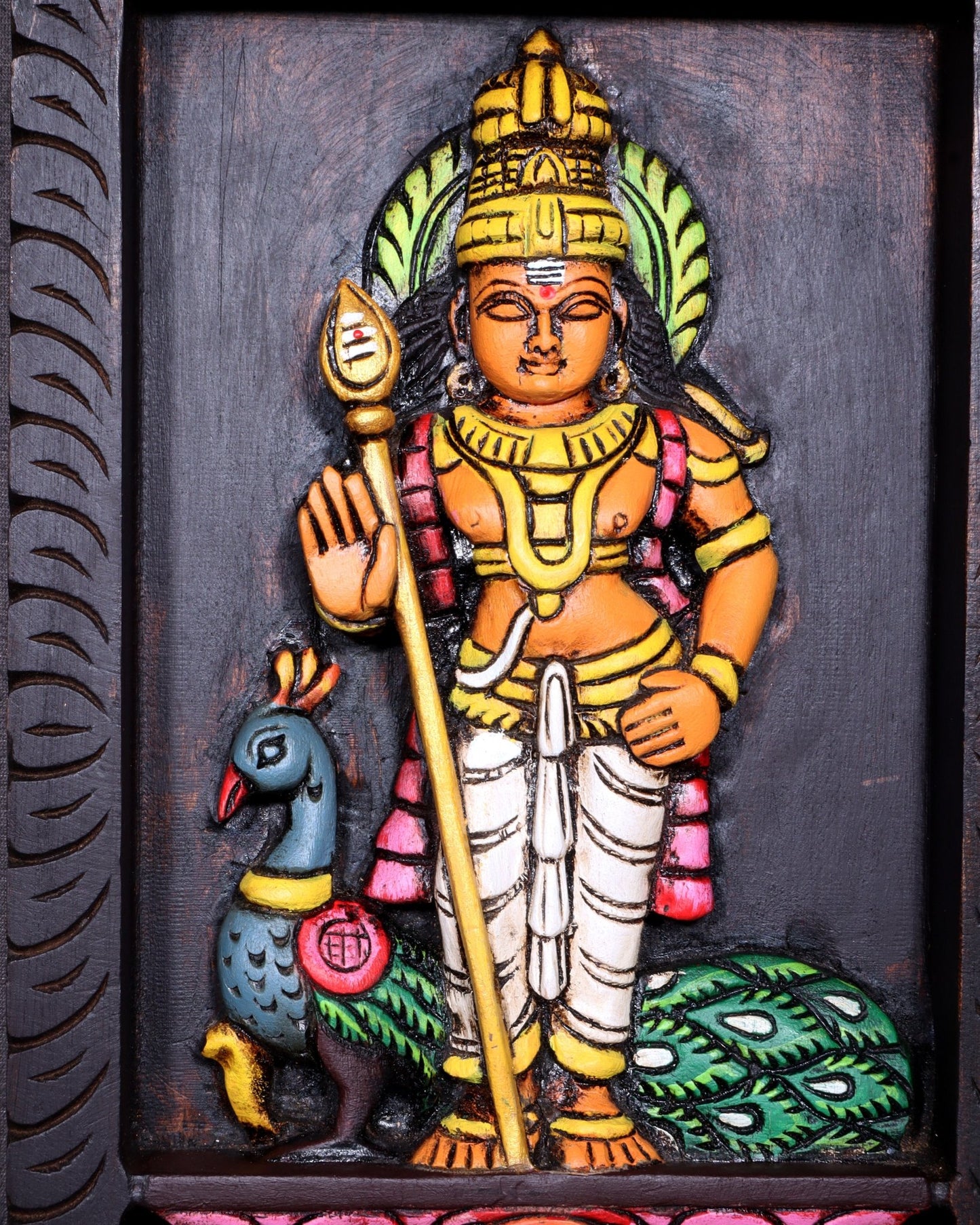 Wooden Standing Lord Murugan with Peacock Wall Hanging – Hand - Painted Panel 13 inch - Budhshiv.com