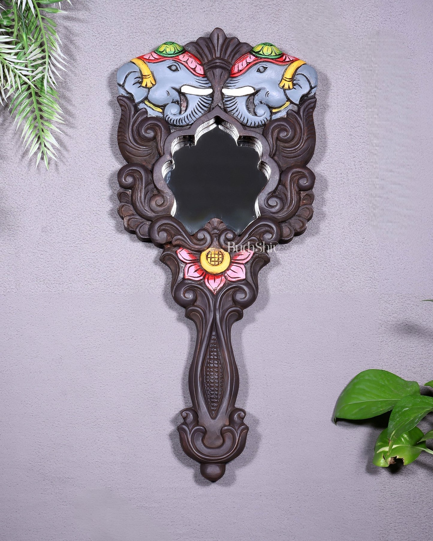 Wooden Twin Elephant Wall Hanging Mirror with Lotus Motif – Handcrafted - Budhshiv.com