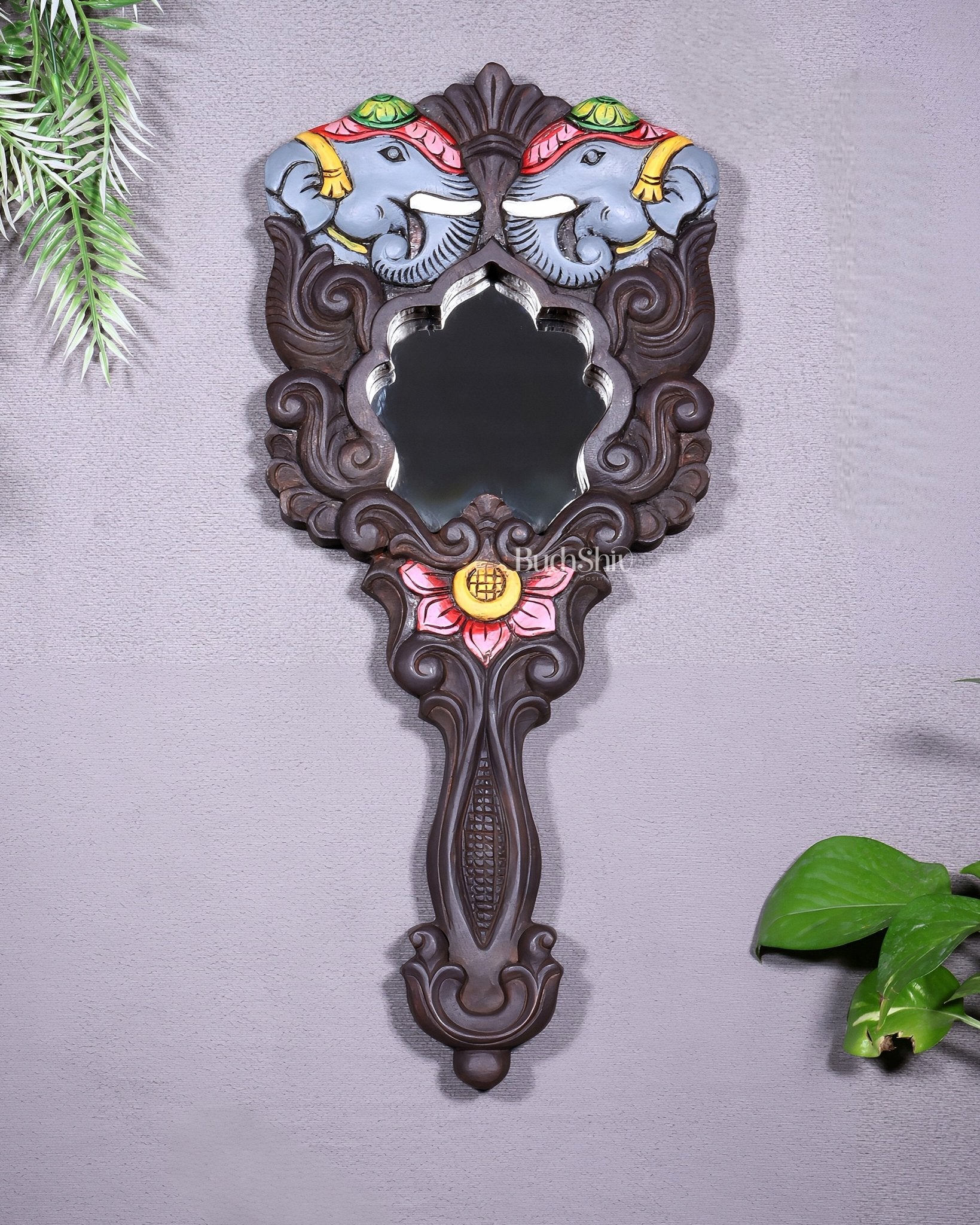 Wooden Twin Elephant Wall Hanging Mirror with Lotus Motif – Handcrafted - Budhshiv.com