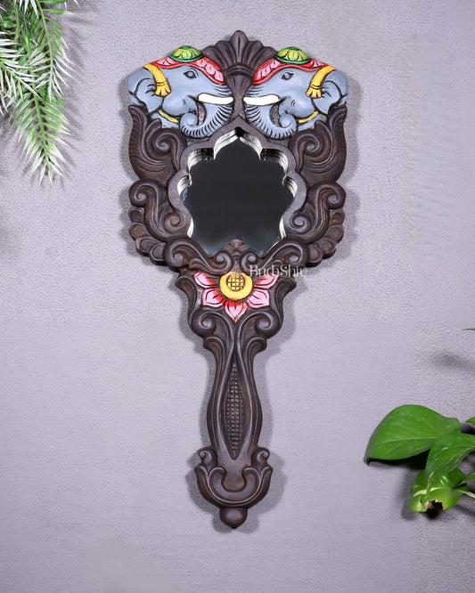 Wooden Twin Elephant Wall Hanging Mirror with Lotus Motif – Handcrafted - Budhshiv.com