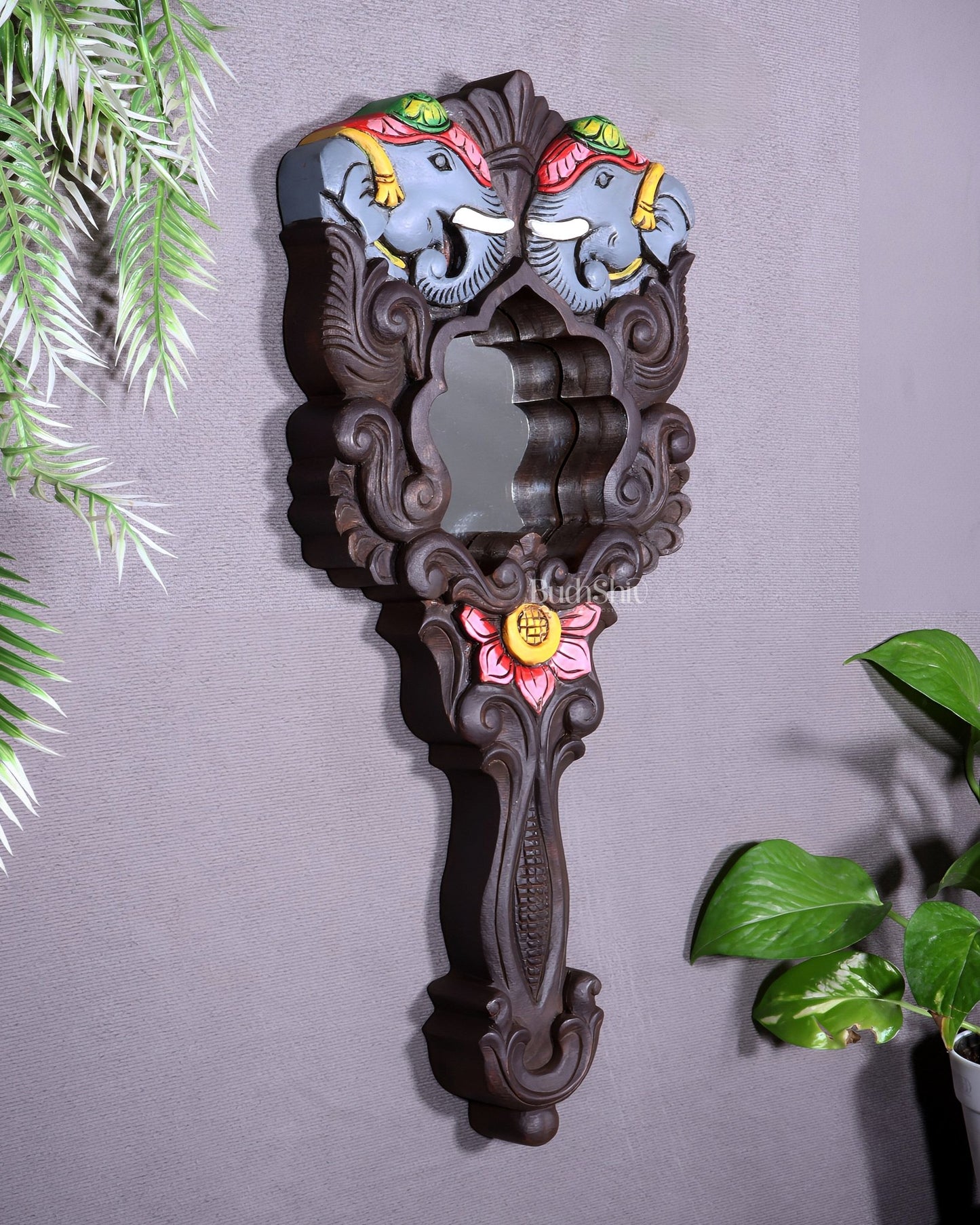 Wooden Twin Elephant Wall Hanging Mirror with Lotus Motif – Handcrafted - Budhshiv.com