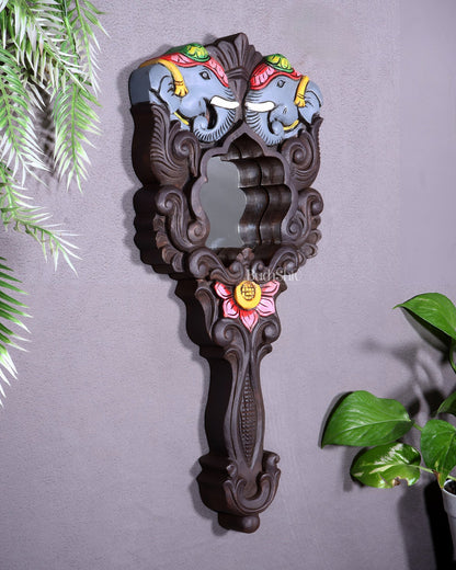 Wooden Twin Elephant Wall Hanging Mirror with Lotus Motif – Handcrafted - Budhshiv.com