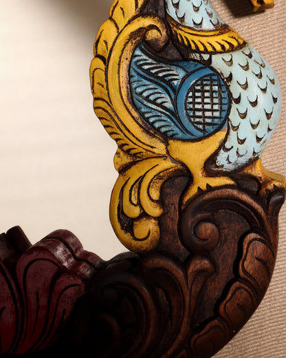Wooden Twin Peacock Wall Hanging Mirror with Lotus Motifs – Handcrafted (14.5 inches) - Budhshiv.com