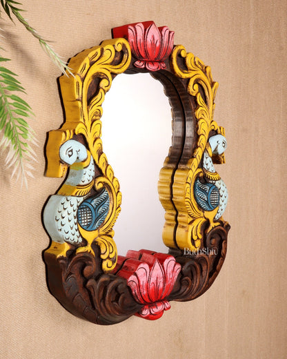 Wooden Twin Peacock Wall Hanging Mirror with Lotus Motifs – Handcrafted (14.5 inches) - Budhshiv.com