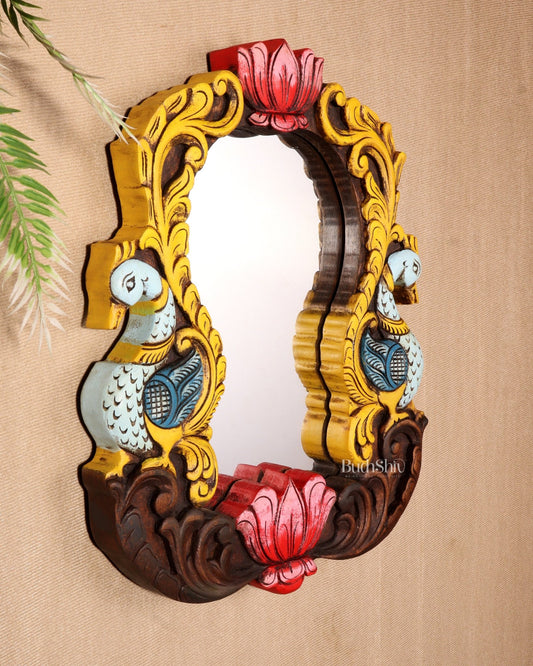 Wooden Twin Peacock Wall Hanging Mirror with Lotus Motifs – Handcrafted (14.5 inches) - Budhshiv.com
