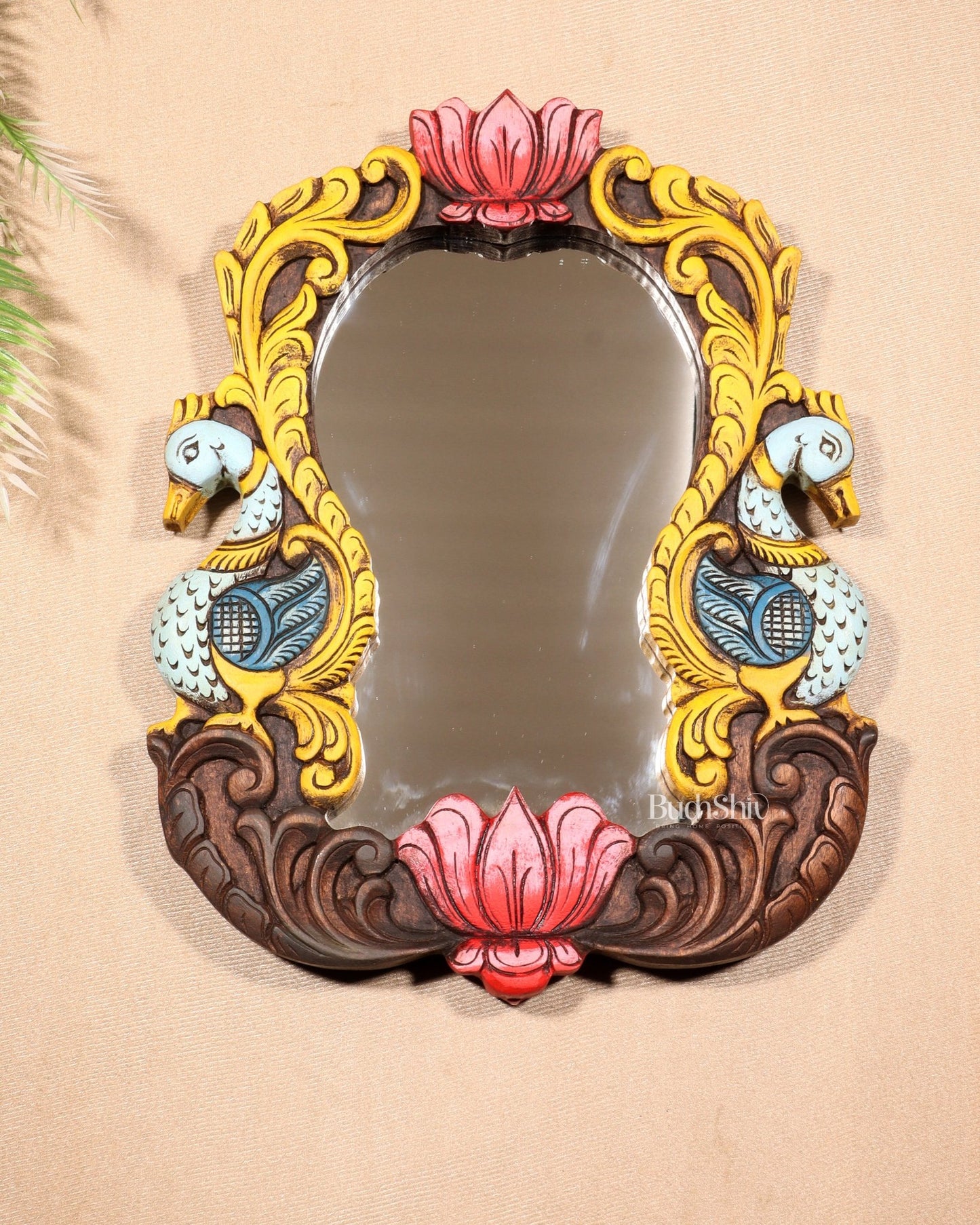 Wooden Twin Peacock Wall Hanging Mirror with Lotus Motifs – Handcrafted (14.5 inches) - Budhshiv.com