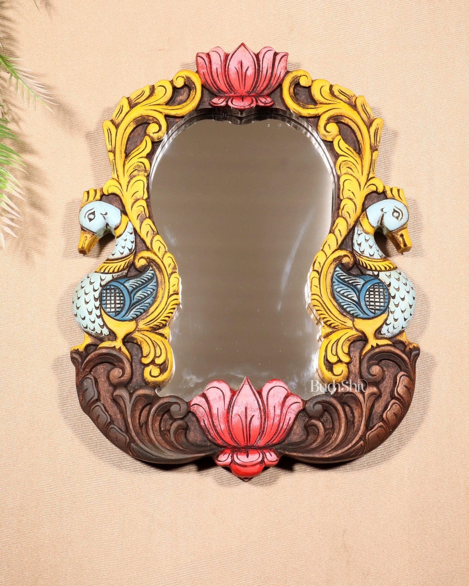 Wooden Twin Peacock Wall Hanging Mirror with Lotus Motifs – Handcrafted (14.5 inches) - Budhshiv.com