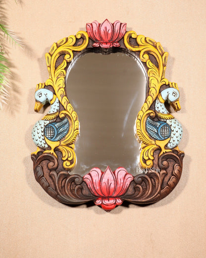 Wooden Twin Peacock Wall Hanging Mirror with Lotus Motifs – Handcrafted (14.5 inches) - Budhshiv.com