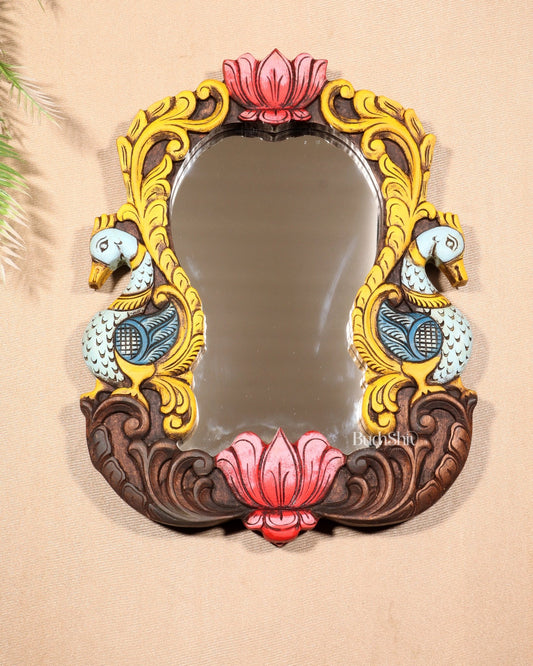Wooden Twin Peacock Wall Hanging Mirror with Lotus Motifs – Handcrafted (14.5 inches) - Budhshiv.com
