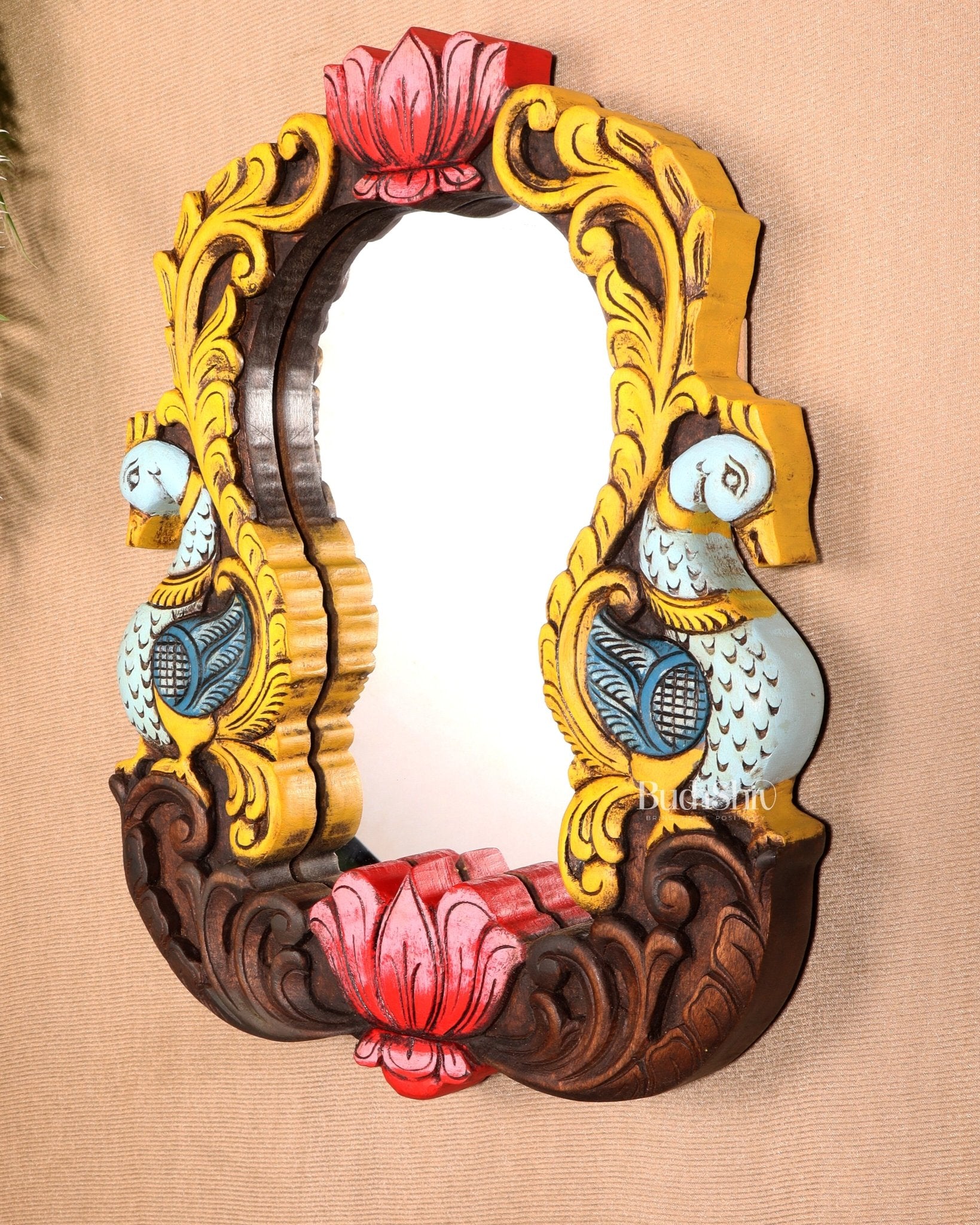 Wooden Twin Peacock Wall Hanging Mirror with Lotus Motifs – Handcrafted (14.5 inches) - Budhshiv.com