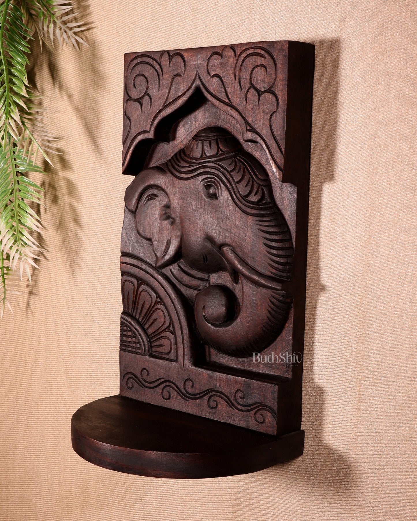 Wooden Vintage Elephant Face Design Wall Hanging Shelf 12" - Budhshiv.com