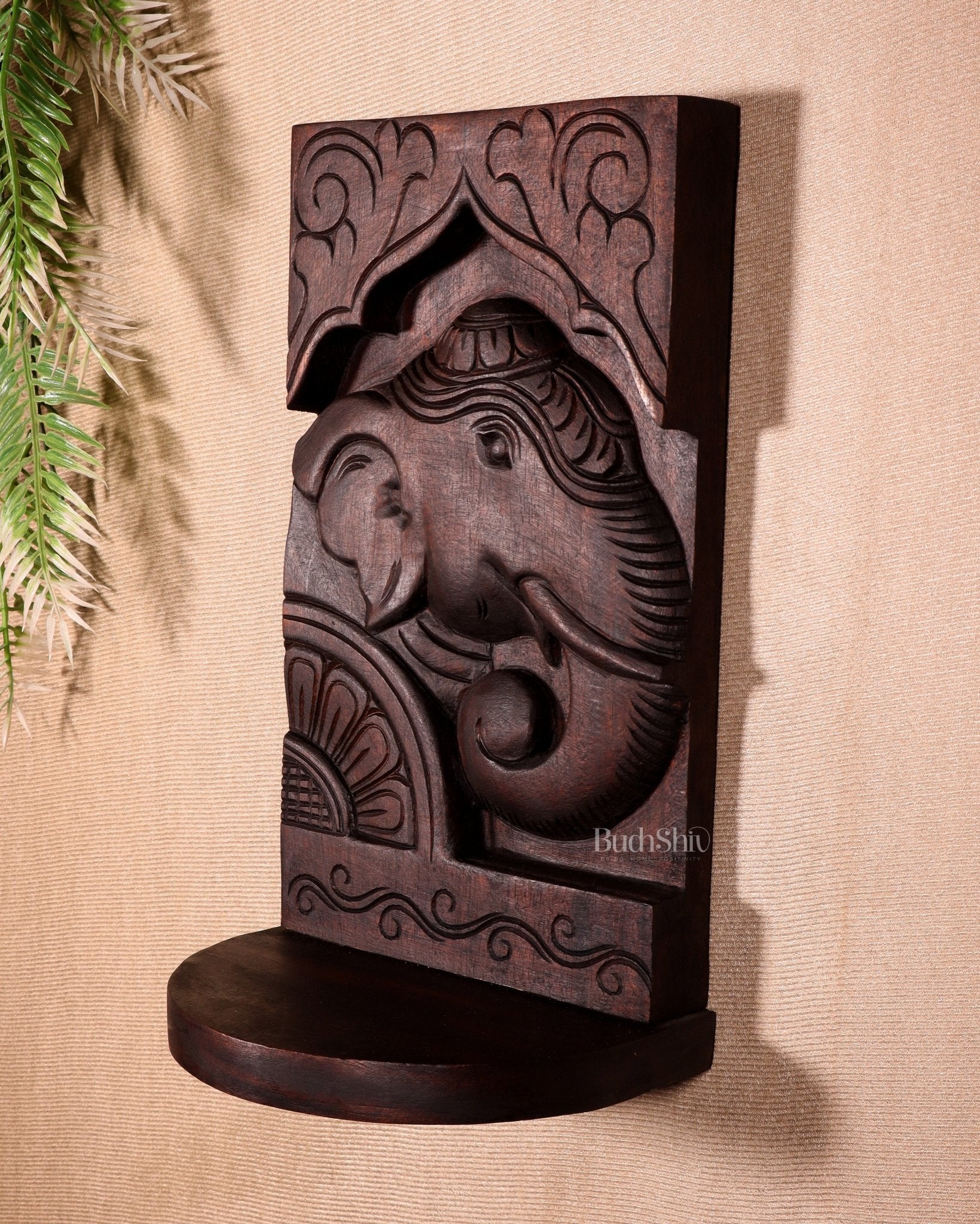 Wooden Vintage Elephant Face Design Wall Hanging Shelf 12" - Budhshiv.com