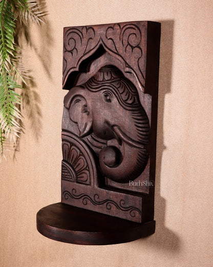 Wooden Vintage Elephant Face Design Wall Hanging Shelf 12" - Budhshiv.com