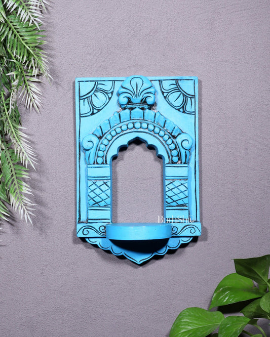 Wooden Wall Hanging Jharokha Arch – Handcrafted Decorative Shelf (Blue) - Budhshiv.com