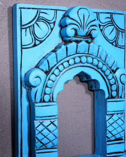 Wooden Wall Hanging Jharokha Arch – Handcrafted Decorative Shelf (Blue) - Budhshiv.com