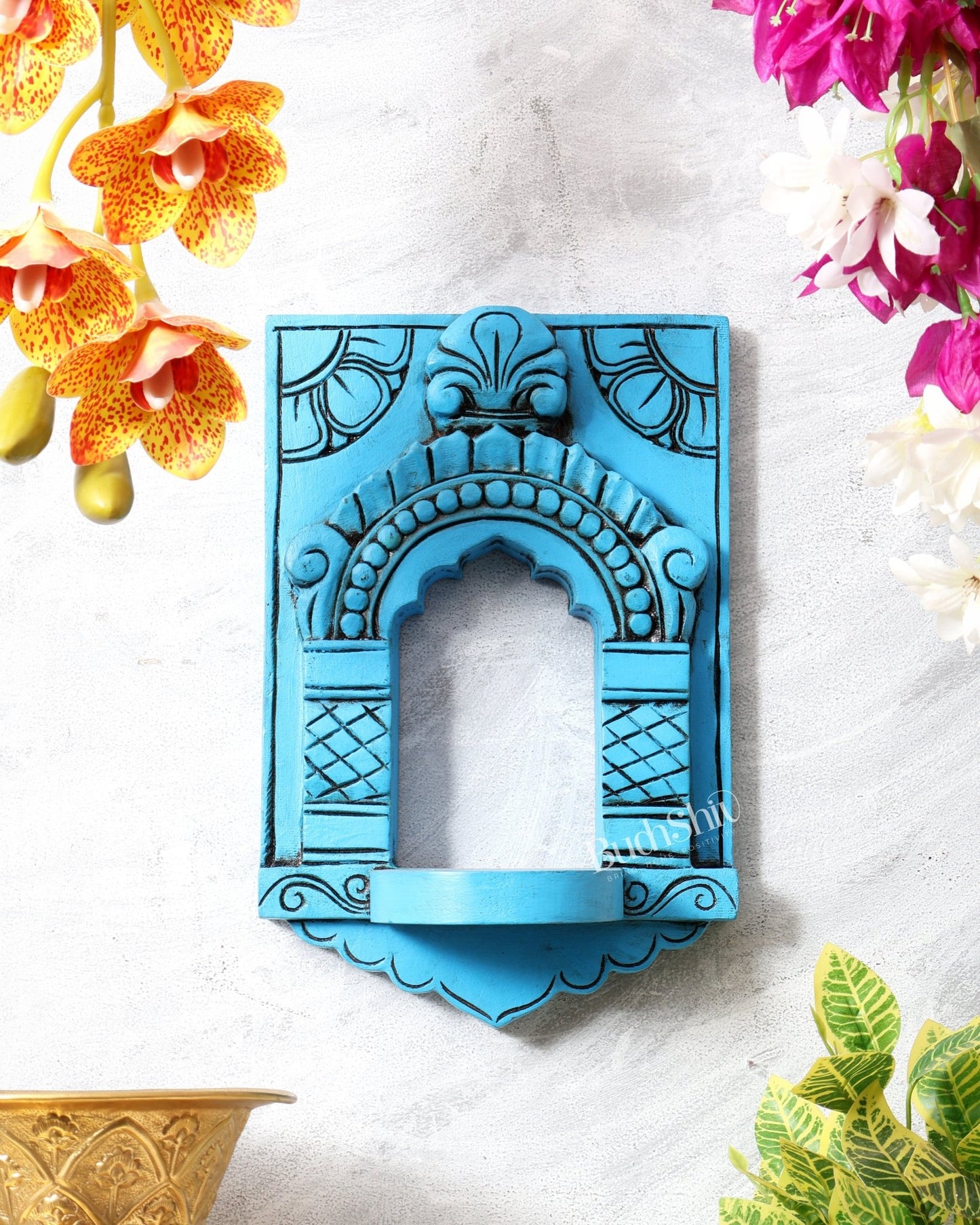 Wooden Wall Hanging Jharokha Arch – Handcrafted Decorative Shelf (Blue) - Budhshiv.com