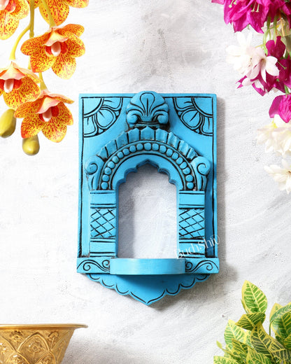 Wooden Wall Hanging Jharokha Arch – Handcrafted Decorative Shelf (Blue) - Budhshiv.com