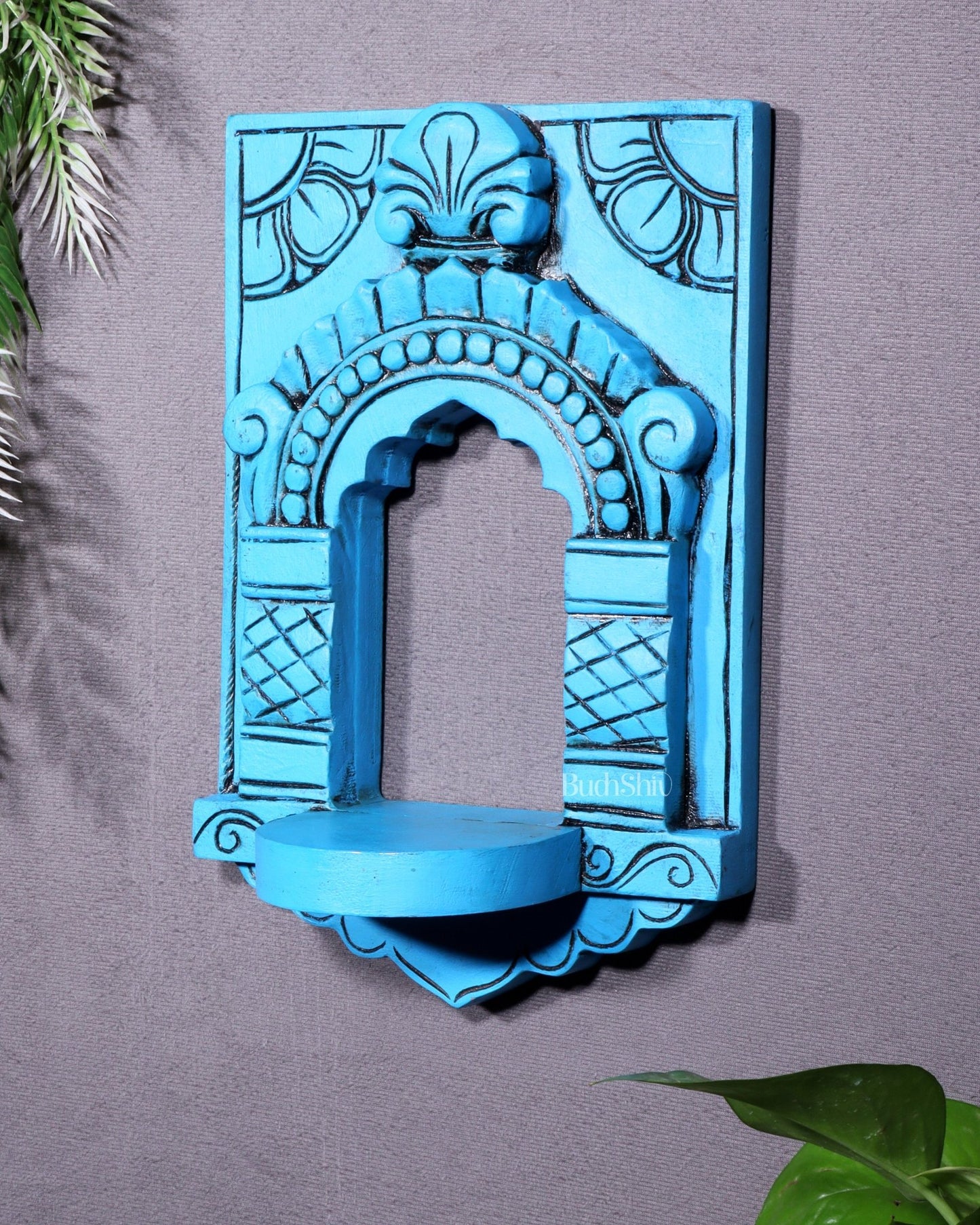 Wooden Wall Hanging Jharokha Arch – Handcrafted Decorative Shelf (Blue) - Budhshiv.com