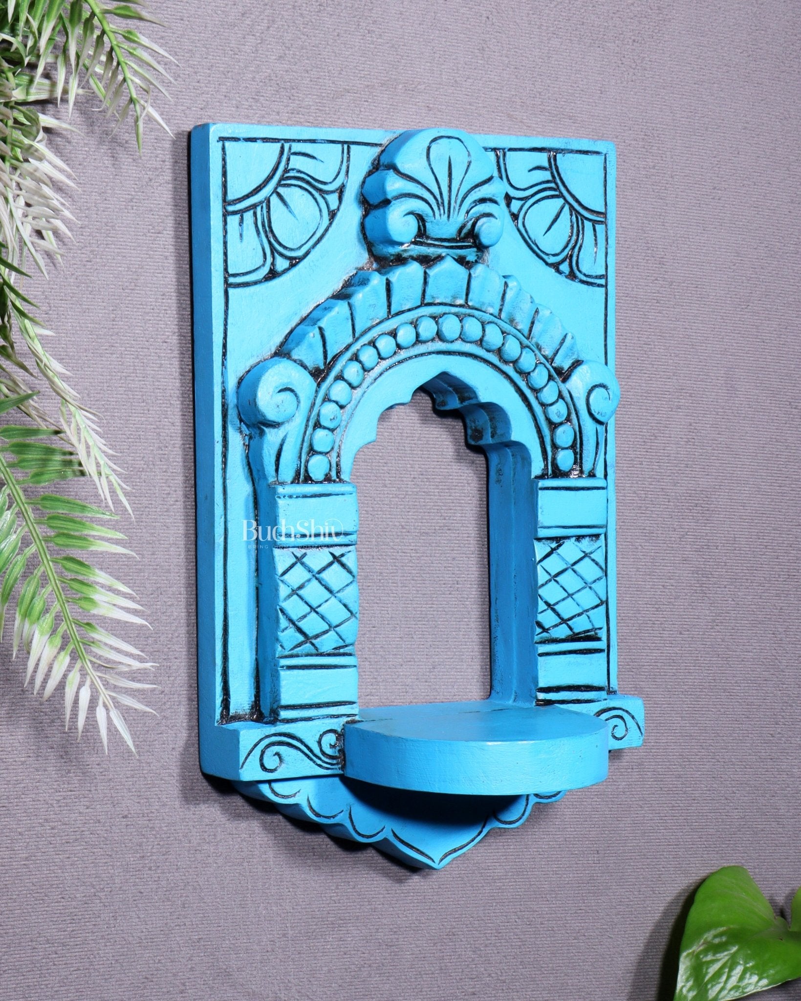 Wooden Wall Hanging Jharokha Arch – Handcrafted Decorative Shelf (Blue) - Budhshiv.com