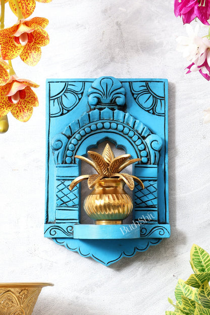 Wooden Wall Hanging Jharokha Arch – Handcrafted Decorative Shelf (Blue) - Budhshiv.com