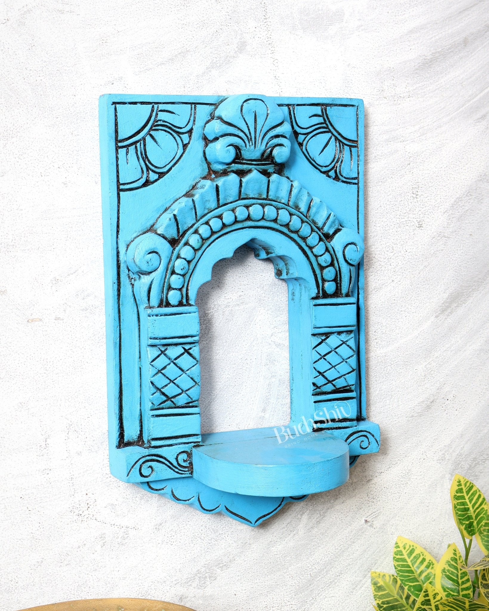 Wooden Wall Hanging Jharokha Arch – Handcrafted Decorative Shelf (Blue) - Budhshiv.com