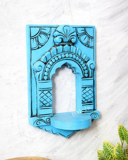 Wooden Wall Hanging Jharokha Arch – Handcrafted Decorative Shelf (Blue) - Budhshiv.com