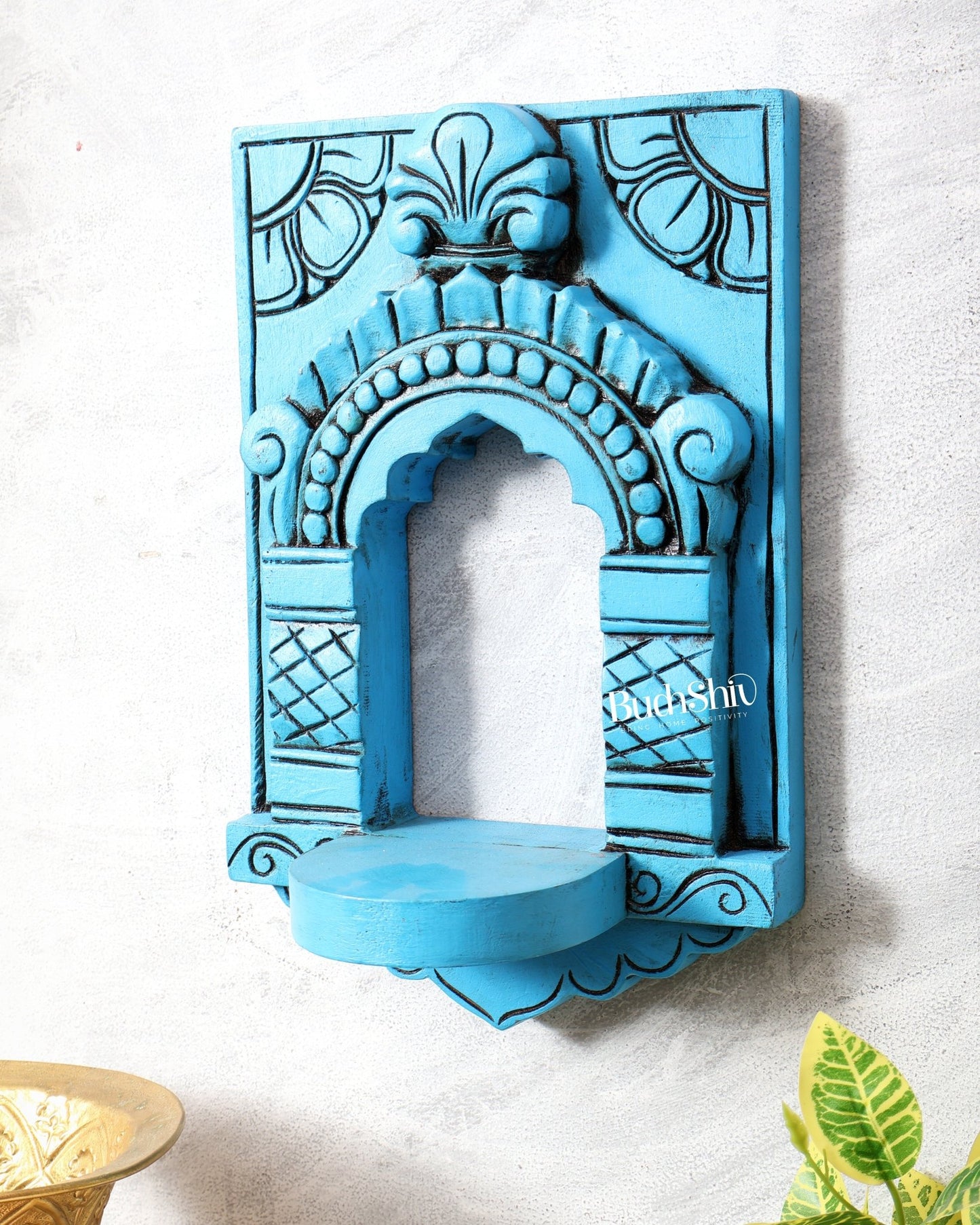 Wooden Wall Hanging Jharokha Arch – Handcrafted Decorative Shelf (Blue) - Budhshiv.com