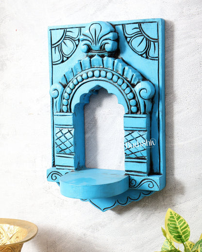 Wooden Wall Hanging Jharokha Arch – Handcrafted Decorative Shelf (Blue) - Budhshiv.com