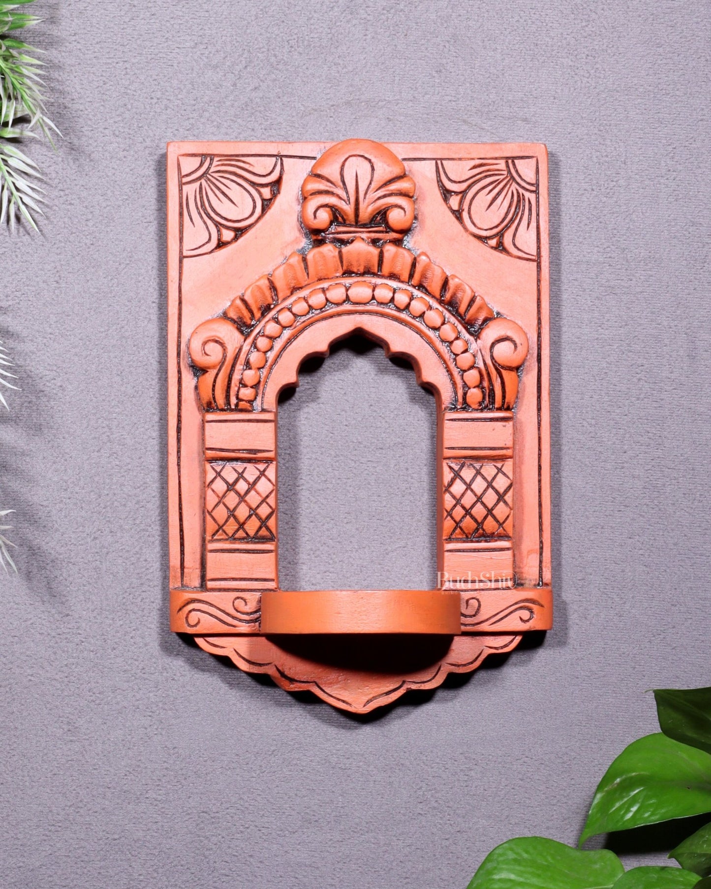 Wooden Wall Hanging Jharokha Arch – Handcrafted Decorative Shelf (Earthy red) - Budhshiv.com