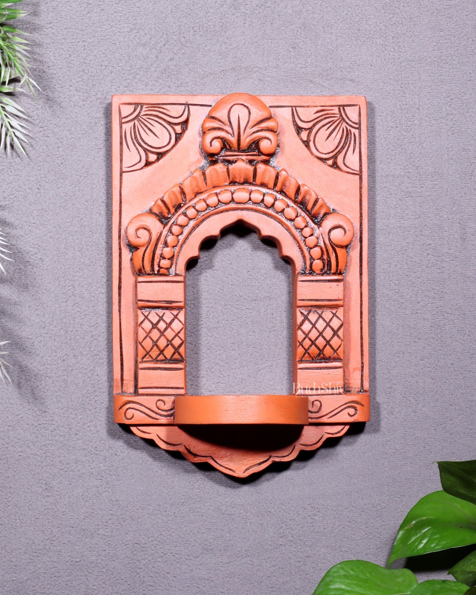 Wooden Wall Hanging Jharokha Arch – Handcrafted Decorative Shelf (Earthy red) - Budhshiv.com