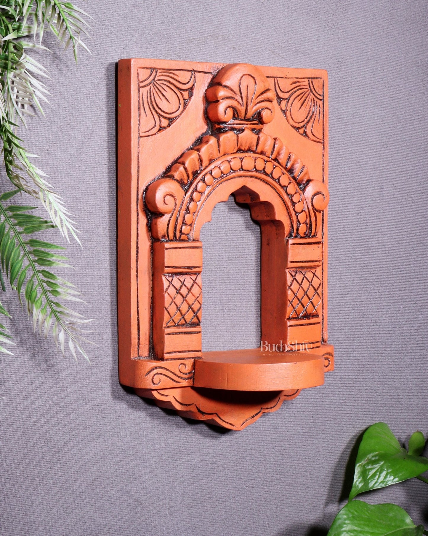 Wooden Wall Hanging Jharokha Arch – Handcrafted Decorative Shelf (Earthy red) - Budhshiv.com