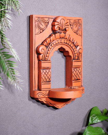 Wooden Wall Hanging Jharokha Arch – Handcrafted Decorative Shelf (Earthy red) - Budhshiv.com