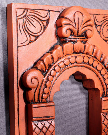Wooden Wall Hanging Jharokha Arch – Handcrafted Decorative Shelf (Earthy red) - Budhshiv.com