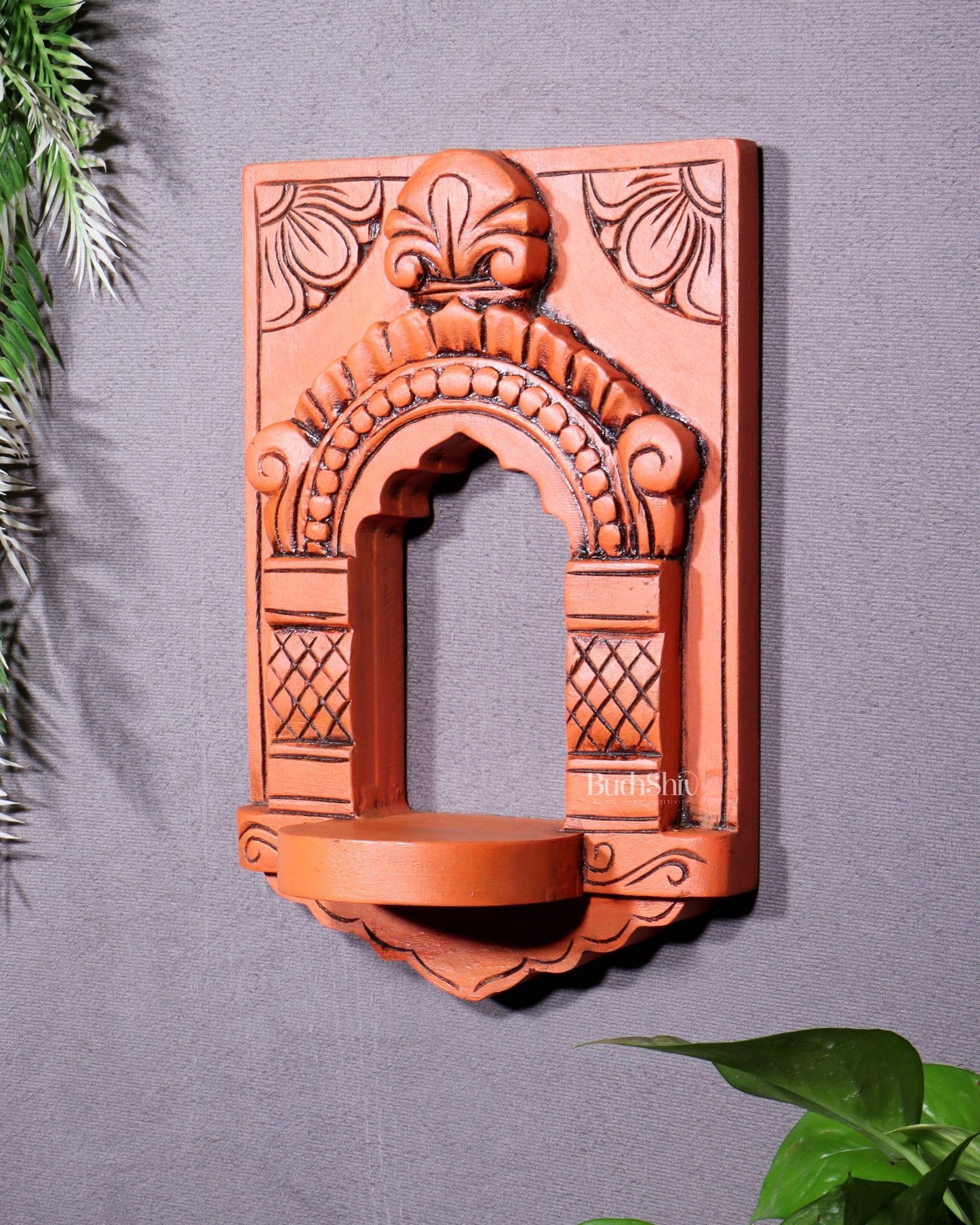 Wooden Wall Hanging Jharokha Arch – Handcrafted Decorative Shelf (Earthy red) - Budhshiv.com