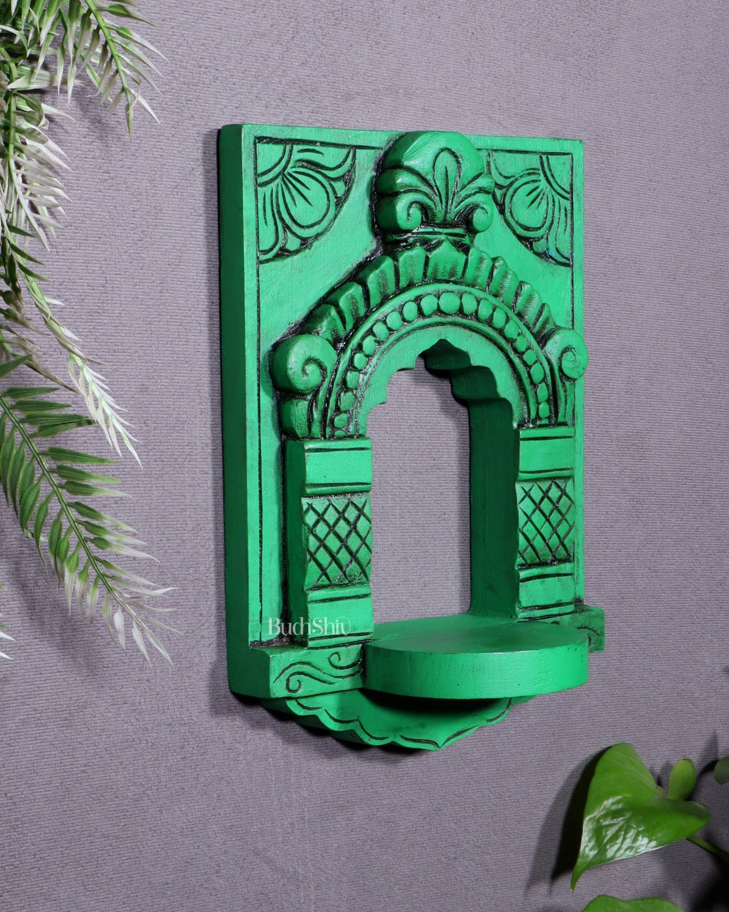 Wooden Wall Hanging Jharokha Arch – Handcrafted Decorative Shelf (Green) - Budhshiv.com
