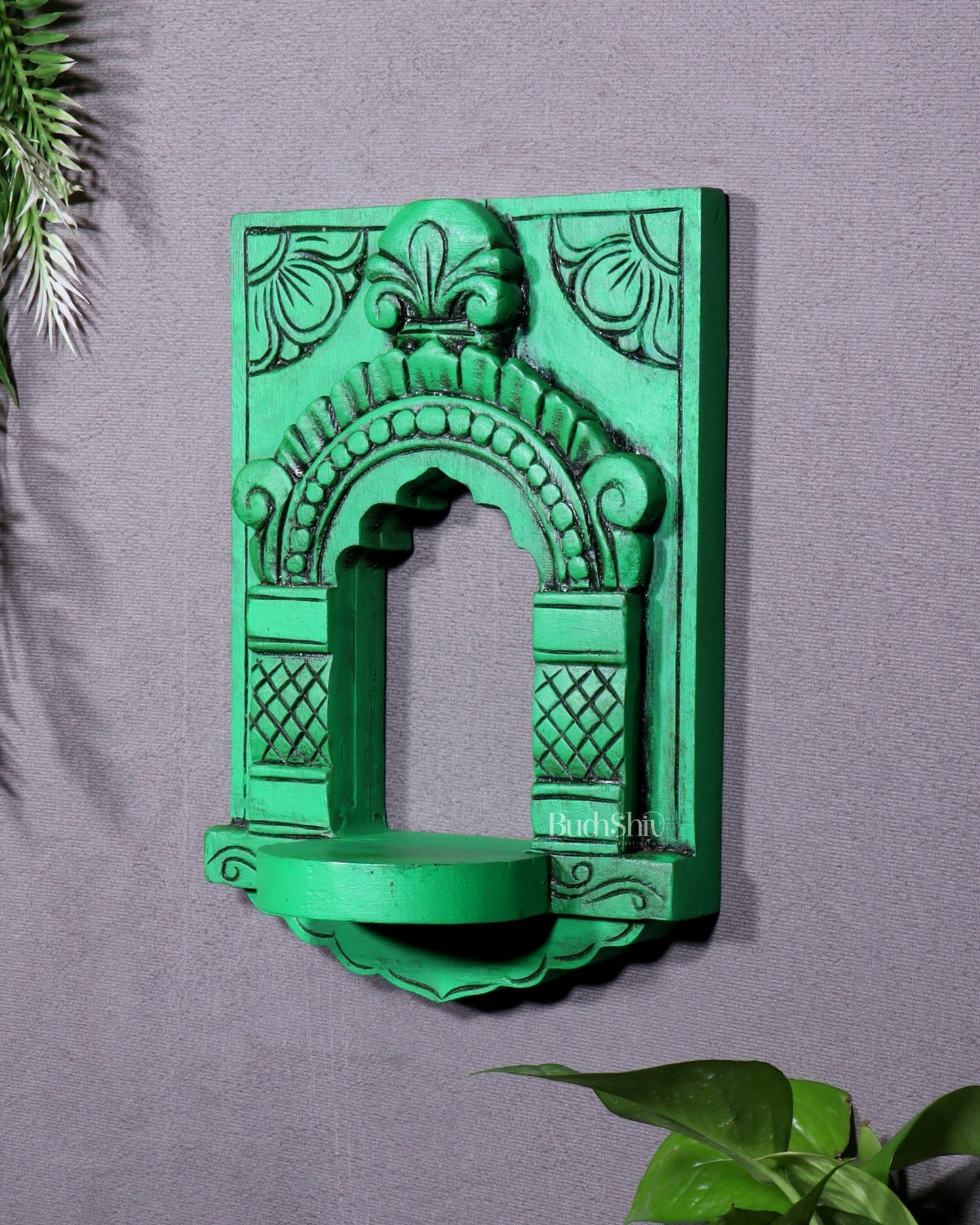 Wooden Wall Hanging Jharokha Arch – Handcrafted Decorative Shelf (Green) - Budhshiv.com