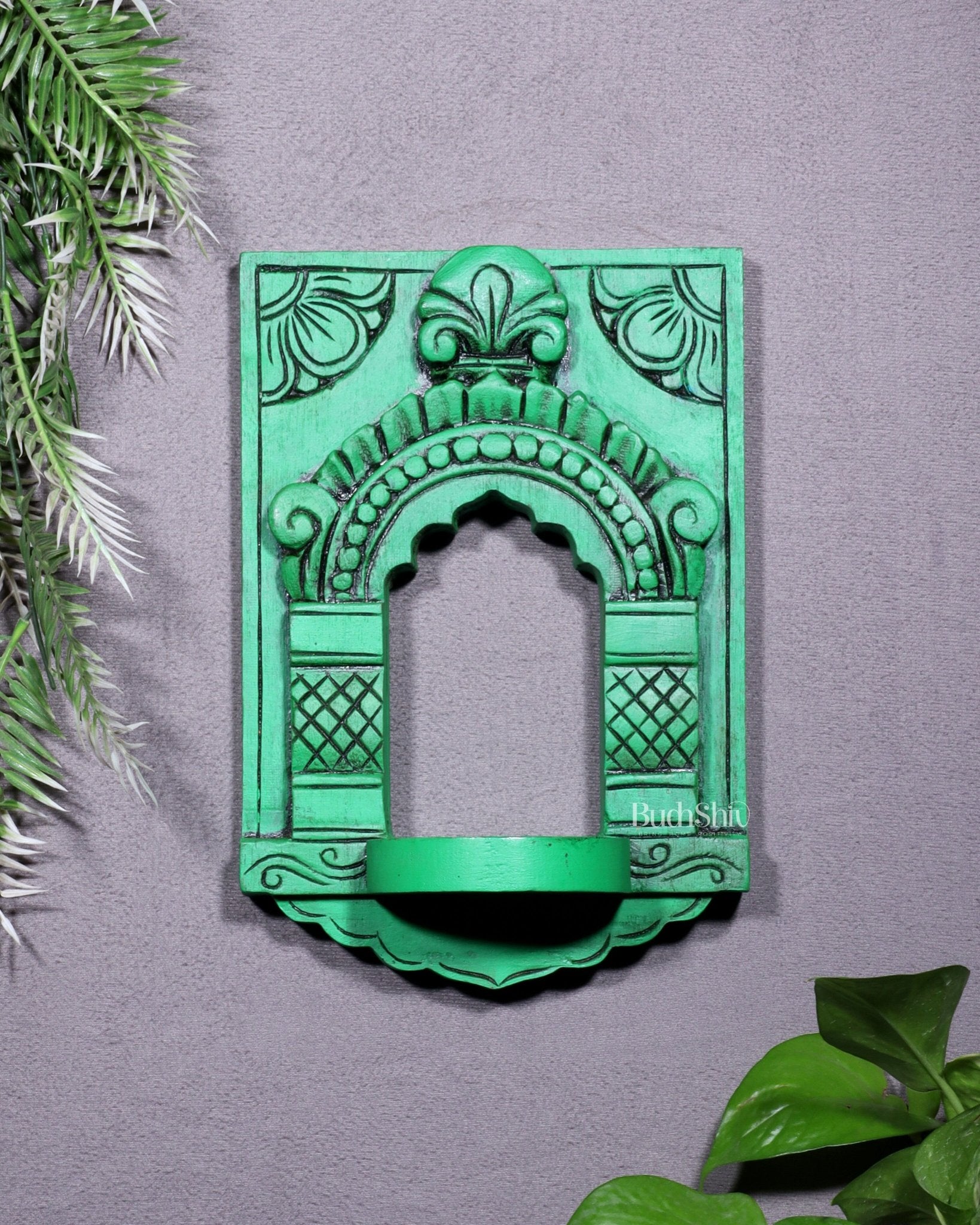 Wooden Wall Hanging Jharokha Arch – Handcrafted Decorative Shelf (Green) - Budhshiv.com