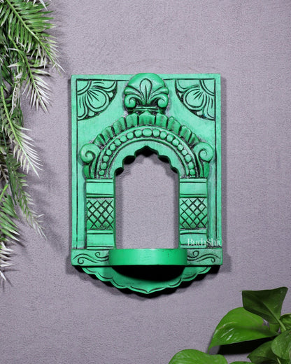 Wooden Wall Hanging Jharokha Arch – Handcrafted Decorative Shelf (Green) - Budhshiv.com