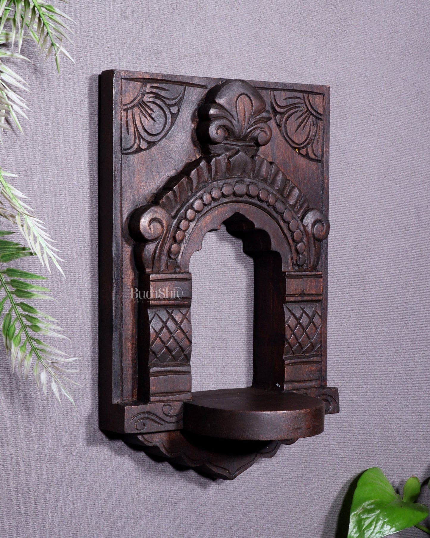 Wooden Wall Hanging Jharokha Arch – Handcrafted Decorative Shelf (Natural tone) - Budhshiv.com