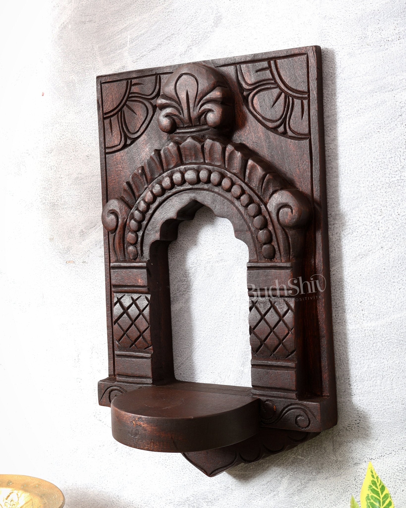 Wooden Wall Hanging Jharokha Arch – Handcrafted Decorative Shelf (Natural tone) - Budhshiv.com