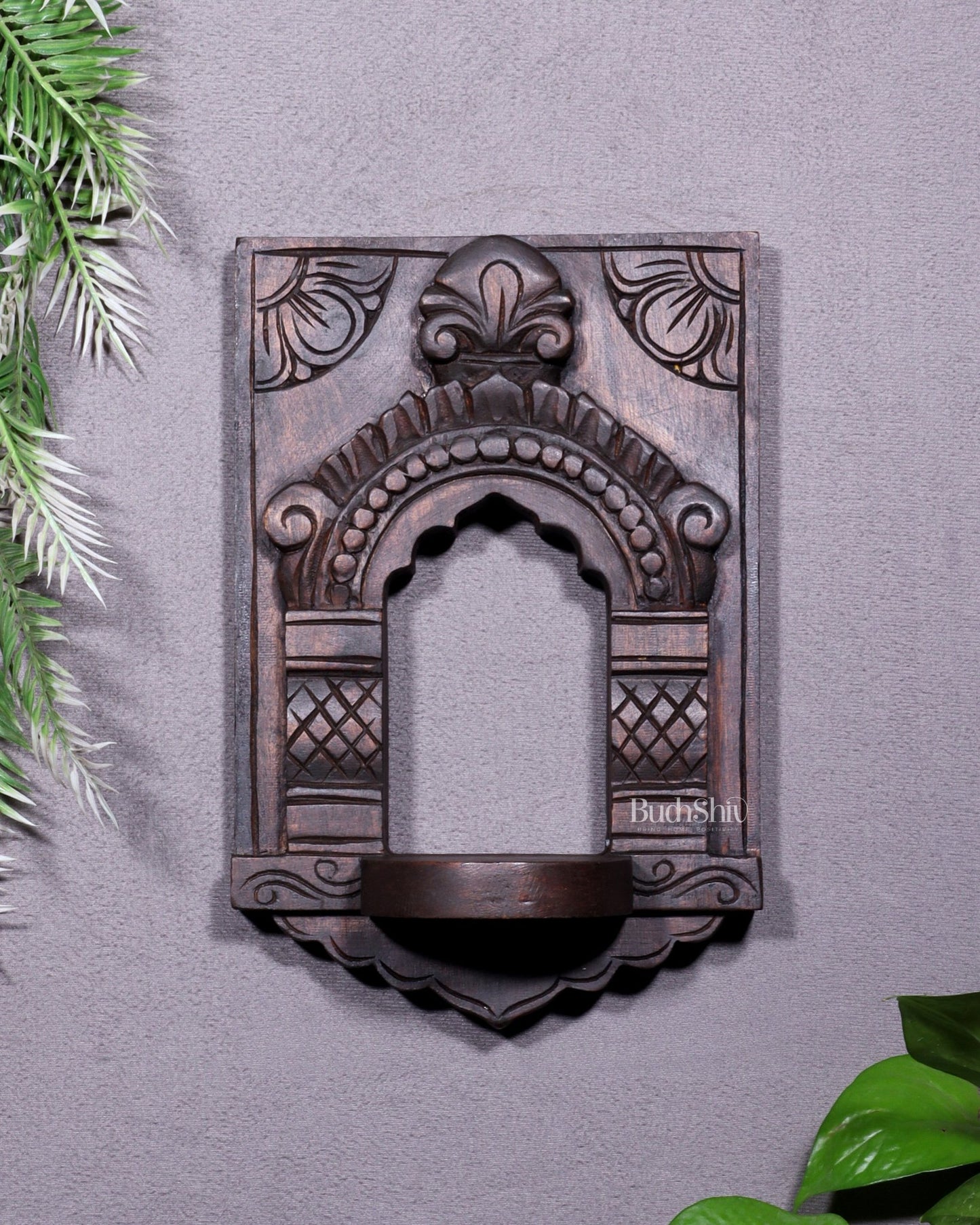 Wooden Wall Hanging Jharokha Arch – Handcrafted Decorative Shelf (Natural tone) - Budhshiv.com
