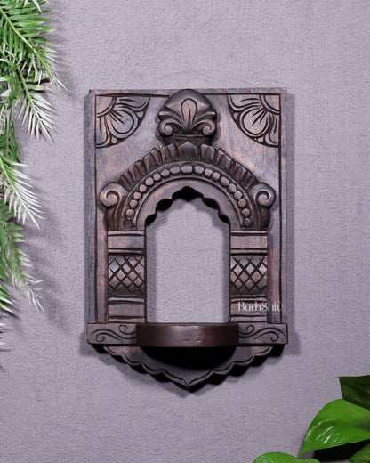 Wooden Wall Hanging Jharokha Arch – Handcrafted Decorative Shelf (Natural tone) - Budhshiv.com